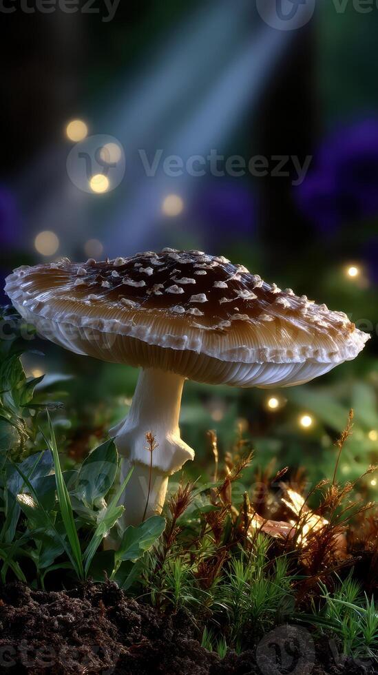 Beautiful mushroom stands amidst lush greenery and soft sunlight in the forest during early morning hours photo