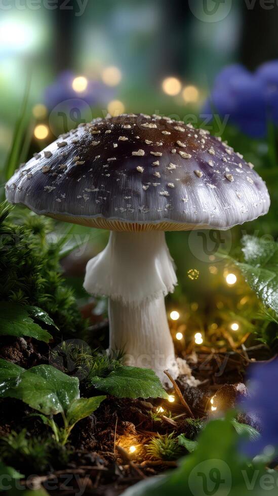 Mushroom with sparkling lights surrounded by green foliage and purple flowers in a forest setting at dusk photo