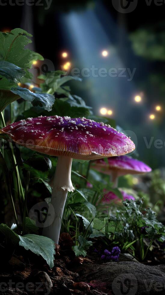 Mushroom glowing under soft light in a magical forest setting during twilight hours photo