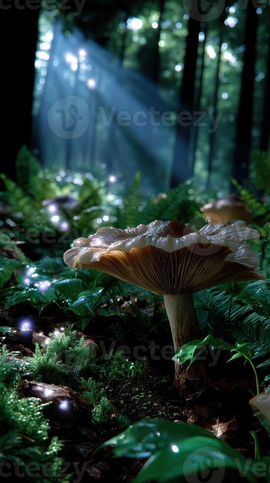 Mushroom surrounded by ferns and soft lighting in a lush forest during a tranquil morning photo