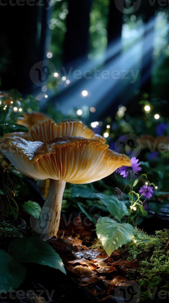 Mushroom cluster illuminated by sunlight in a serene forest setting during early morning photo