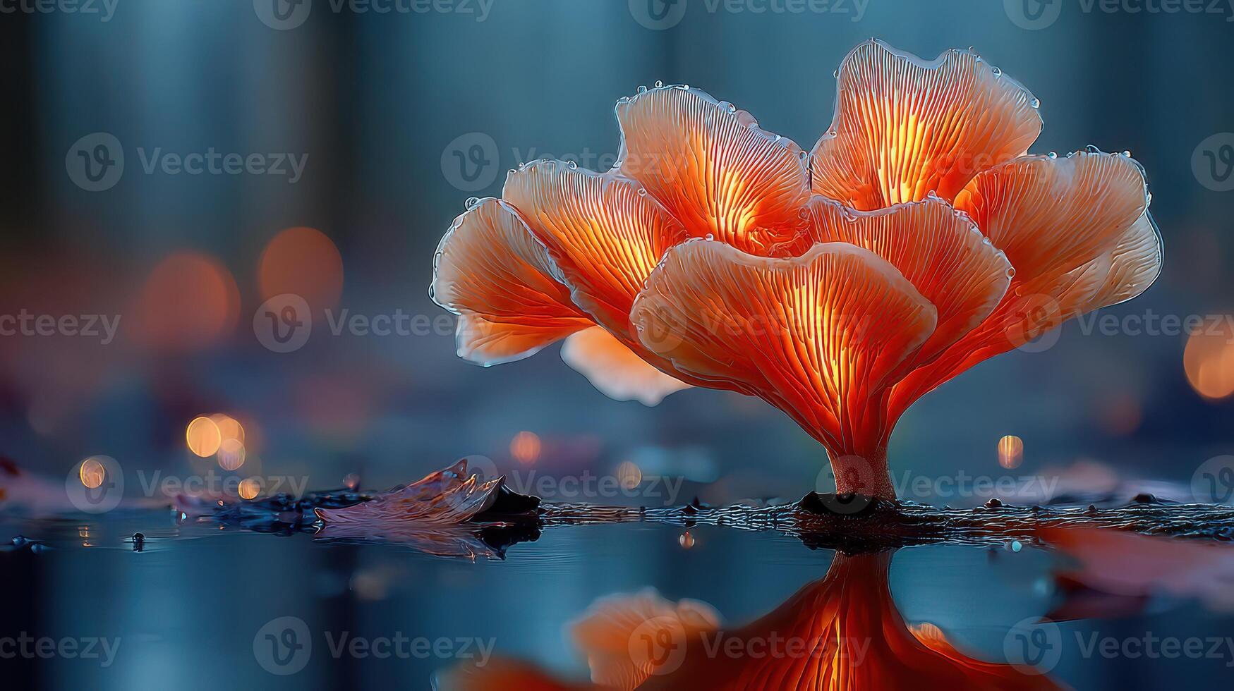 Mushroom glows brightly in a serene forest setting at dusk surrounded by water and fallen leaves photo