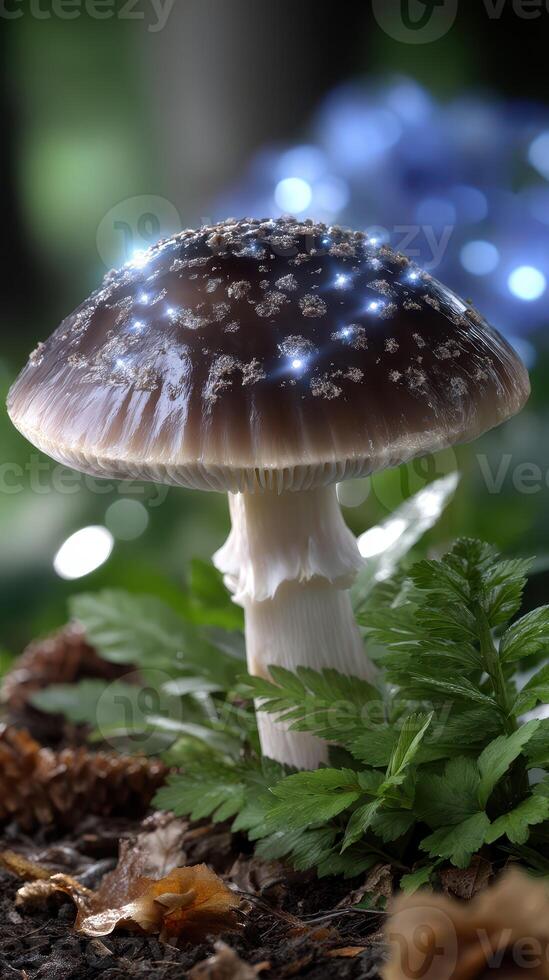 Mushroom with luminous spores in a forest during twilight hours creating a magical atmosphere photo