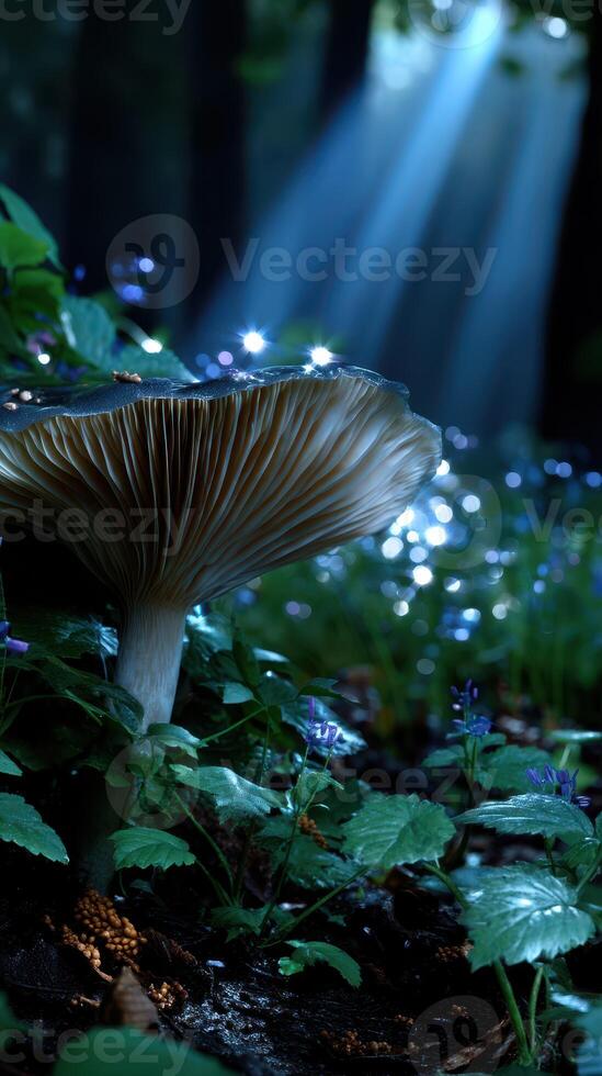 Mushroom growing in a lush forest with sunlight filtering through the trees during daytime photo
