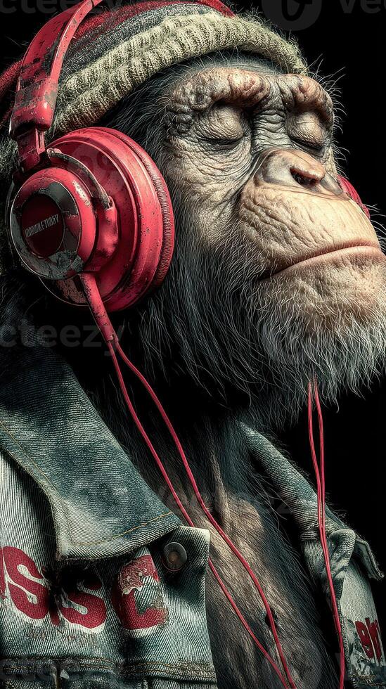 Stylish primate enjoying music with headphones in a casual urban setting during the day photo
