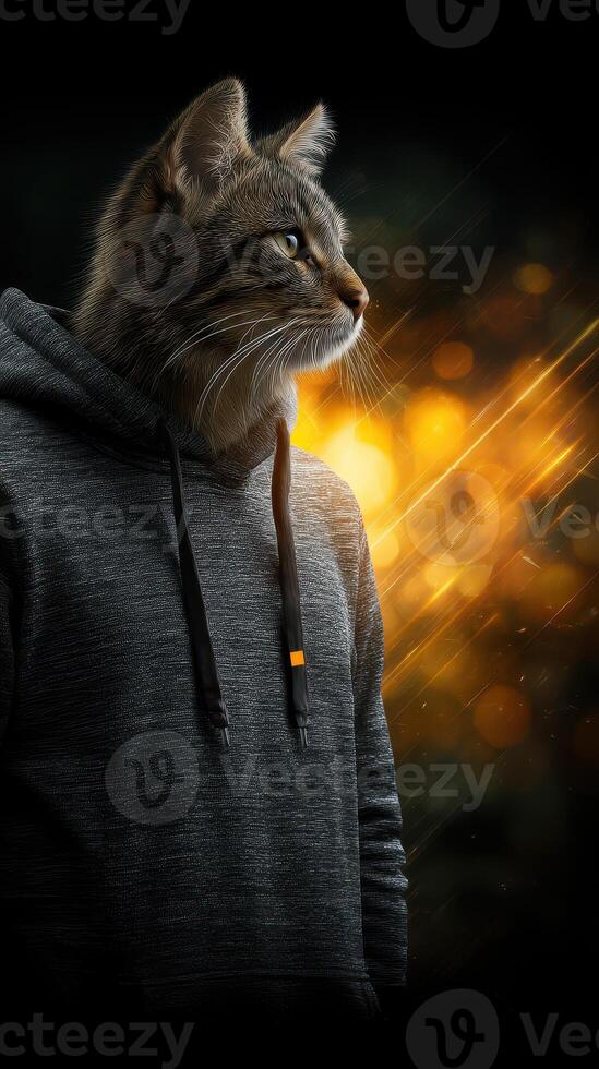 Cat with human-like features stands in a dark space illuminated by glowing golden lights photo