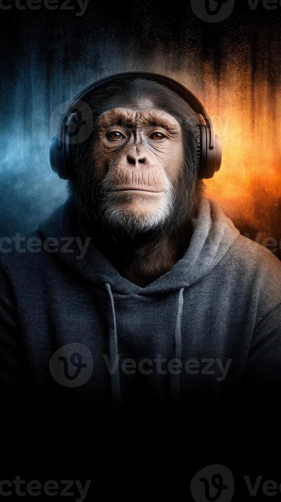 Monkey wearing headphones and a hoodie relaxes in a vibrant, colorful setting with contrasting tones photo