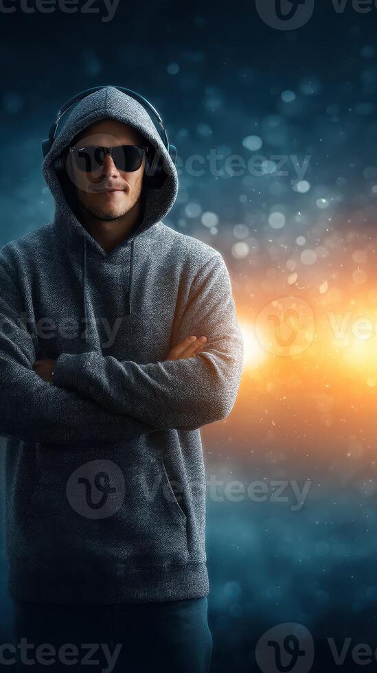 Urban music enthusiast in hoodie and sunglasses enjoying vibrant lights during night photo