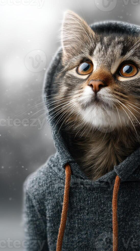 Cute cat wearing a hoodie looking up curiously in a soft, blurred background during a calm afternoon photo