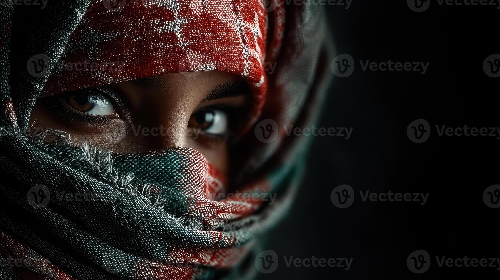 Portrait of a woman with captivating eyes wrapped in a colorful scarf in a dimly lit setting at dusk photo