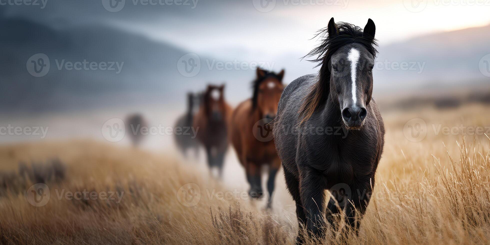 Wild horses wander through a misty grassland during early morning light in a serene natural landscape photo