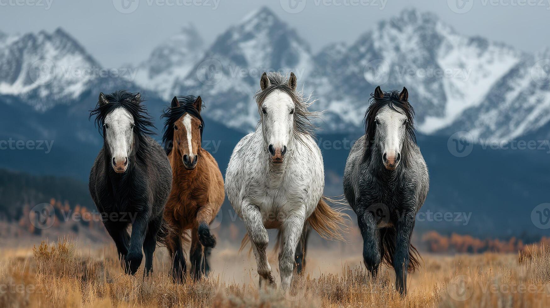 Majestic horses running through a stunning landscape with mountains in the background during a cloudy day photo