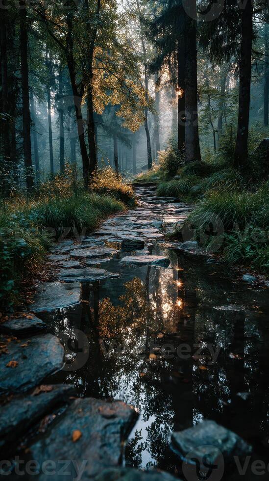 Serene forest path reflects autumn hues during early morning light in a tranquil woodland setting photo