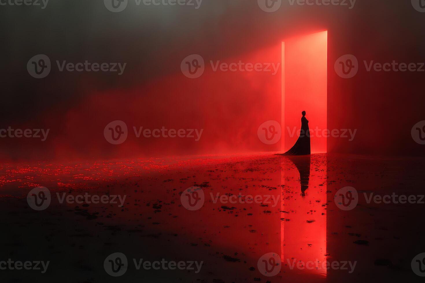 Mysterious figure stands in front of a glowing red doorway in a foggy landscape during twilight photo