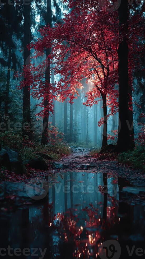 Misty forest path with vibrant red foliage and reflections on water during early morning hours photo