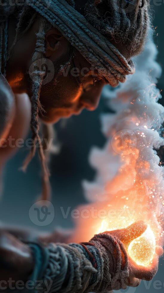 Mystical warrior manipulating fire energy during nighttime ritual in an ancient landscape photo