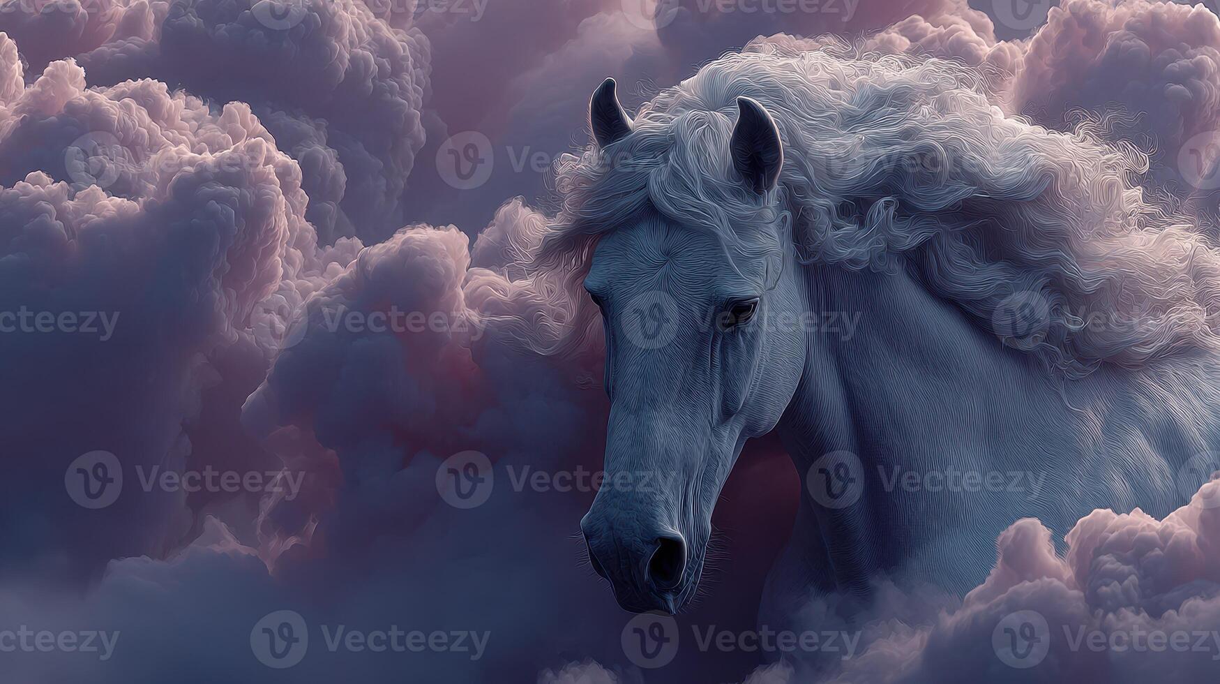 Majestic white horse emerging from vibrant clouds during twilight in a dreamy landscape photo