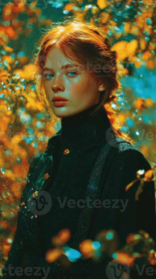 Portrait of a young woman in a lush, colorful environment during autumn with sparkling water droplets in the background photo