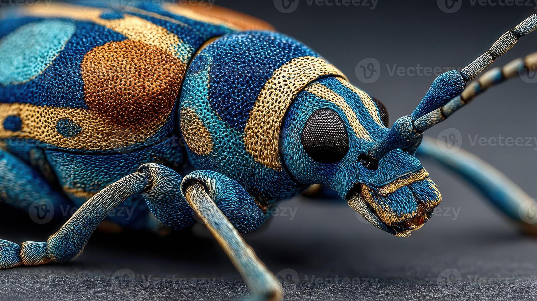 Detailed close-up of a colorful beetle showing intricate patterns and textures in a studio setting during the afternoon light photo
