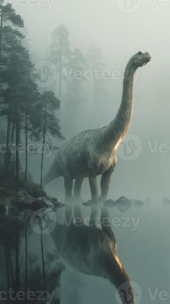 Mysterious dinosaur emerges from a foggy lake surrounded by tall trees at dawn photo