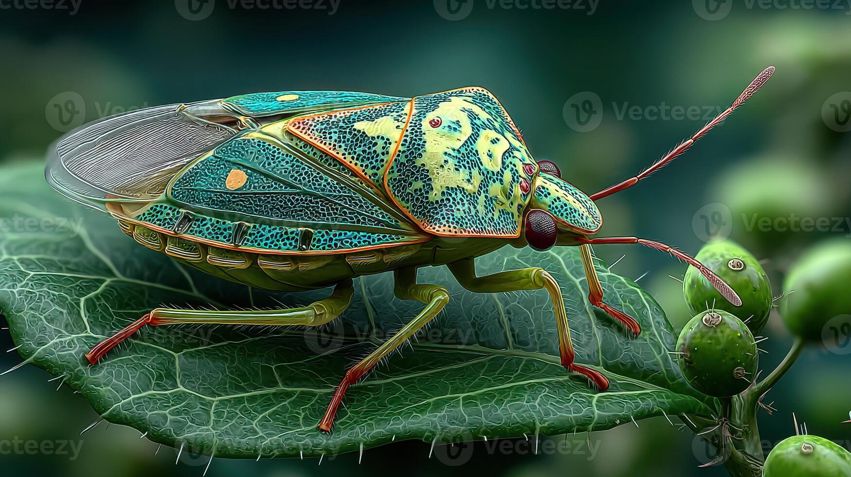Colorful insect resting on a leaf with detailed patterns in a natural setting photo