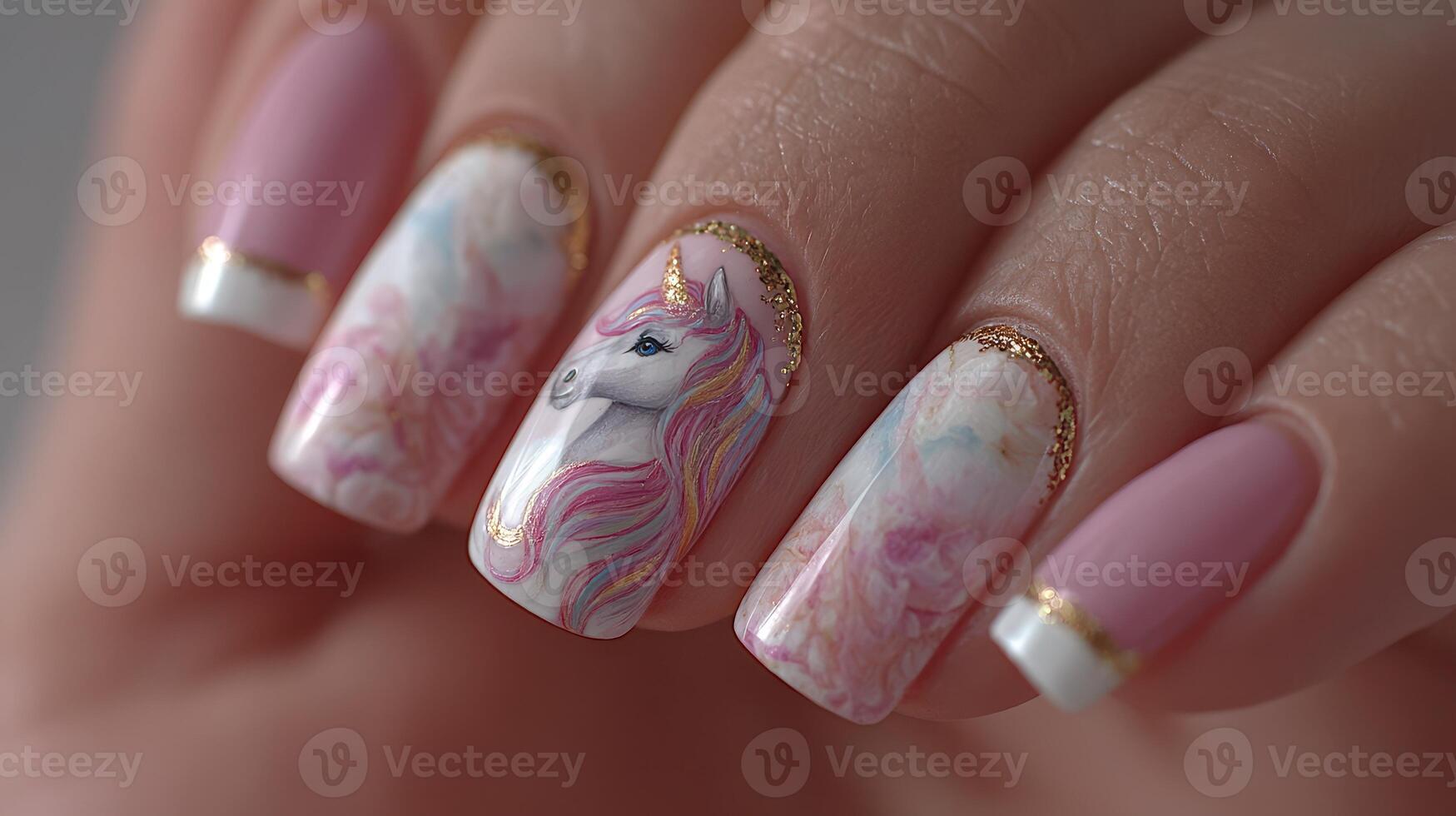 Beautifully designed unicorn nail art featuring pink and gold accents in a close-up view photo