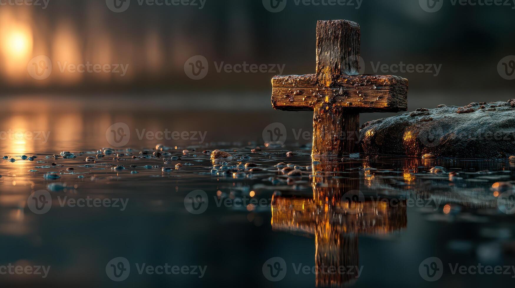 Wooden cross stands on a rock above calm water at sunset creating a serene atmosphere photo