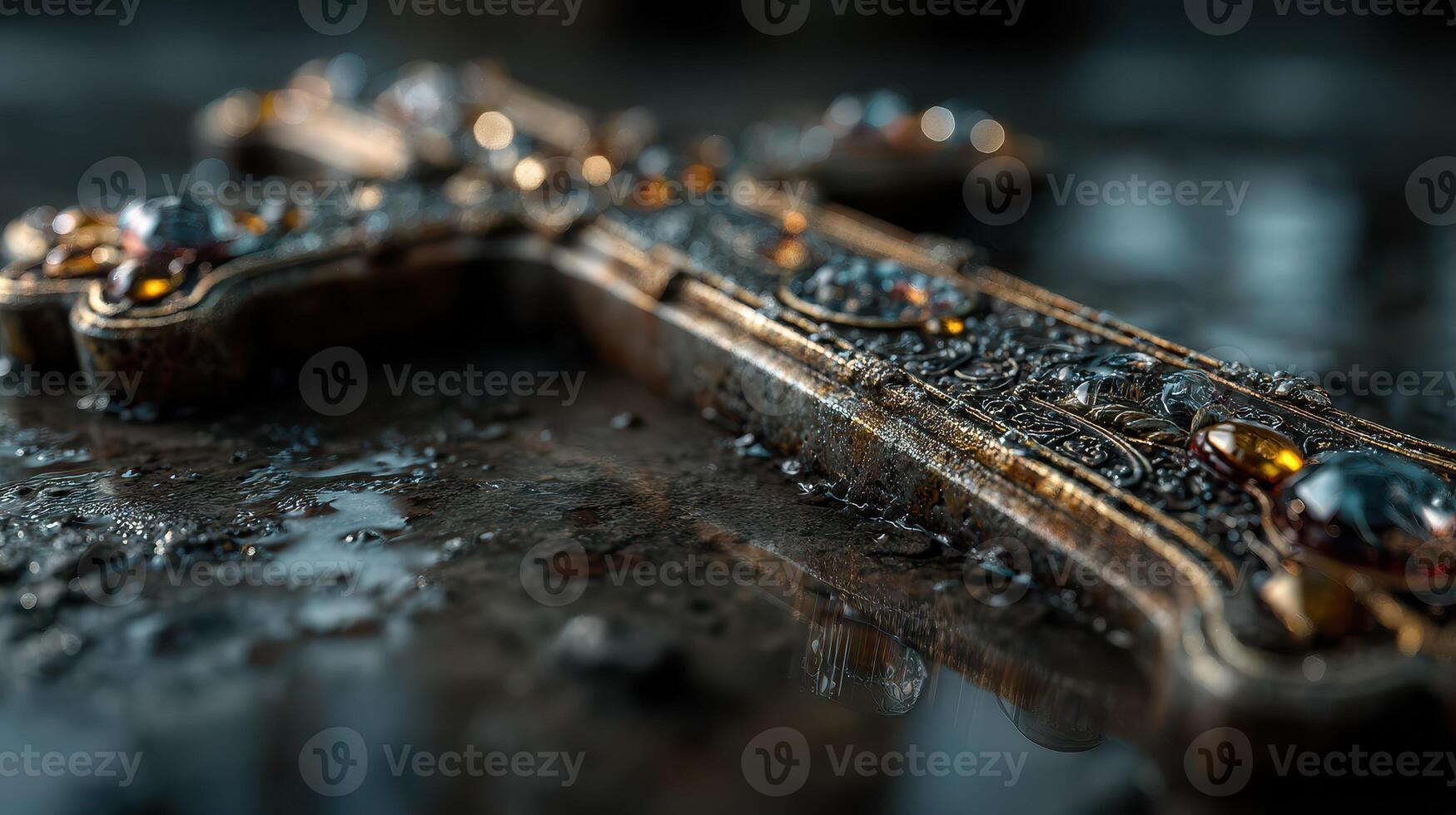 Detailed close-up of an ornate crucifix adorned with jewels resting on a wet surface in a dimly lit setting photo