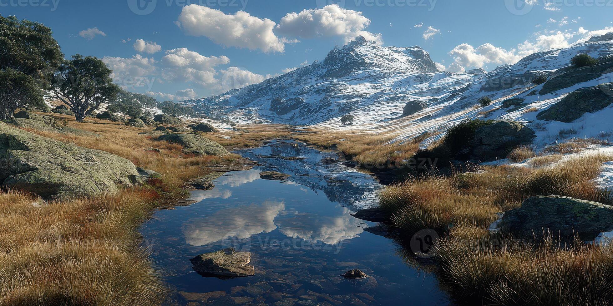 Serene winter landscape with snow-covered mountains, a clear lake, and rocky terrain under a bright sky photo