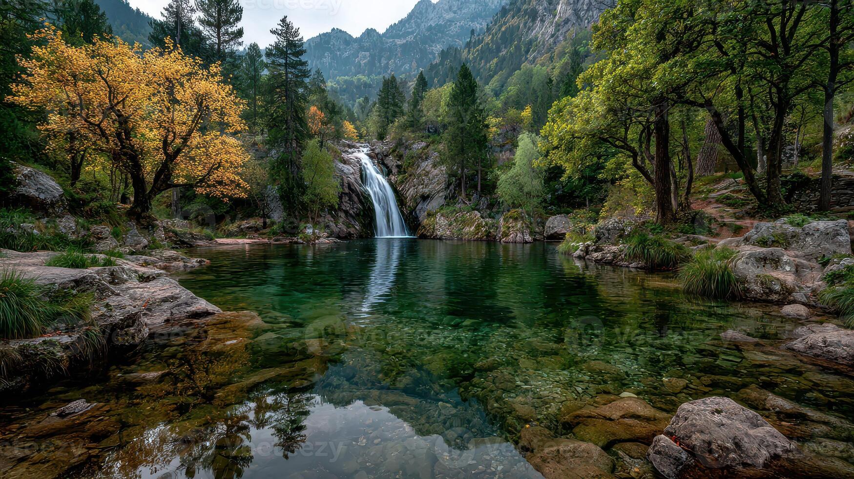 Majestic waterfall cascading into tranquil pool surrounded by vibrant autumn foliage in a serene mountain landscape photo