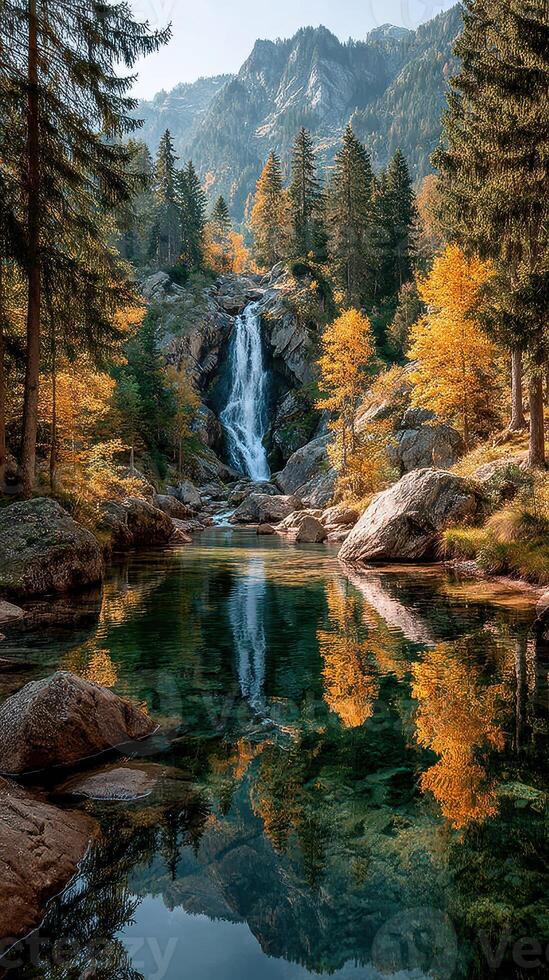 Breathtaking autumn landscape with a tranquil waterfall and colorful foliage in a serene forest setting photo