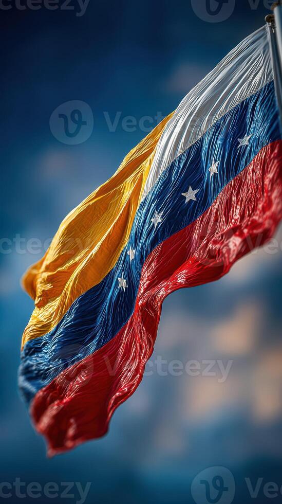 Venezuelan flag waving proudly against a bright blue sky during a sunny day, symbolizing national pride and unity photo