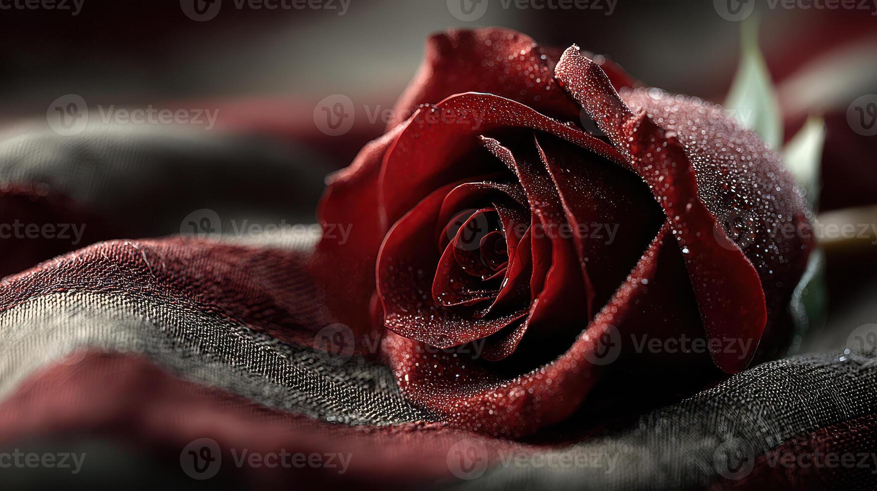 Deep red rose with water droplets resting on a soft fabric backdrop in a serene indoor setting during twilight hours photo