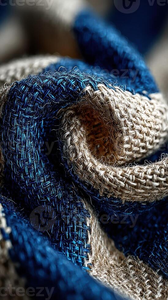 Textile composition featuring a blend of blue and beige fibers intertwined in a striking pattern photo