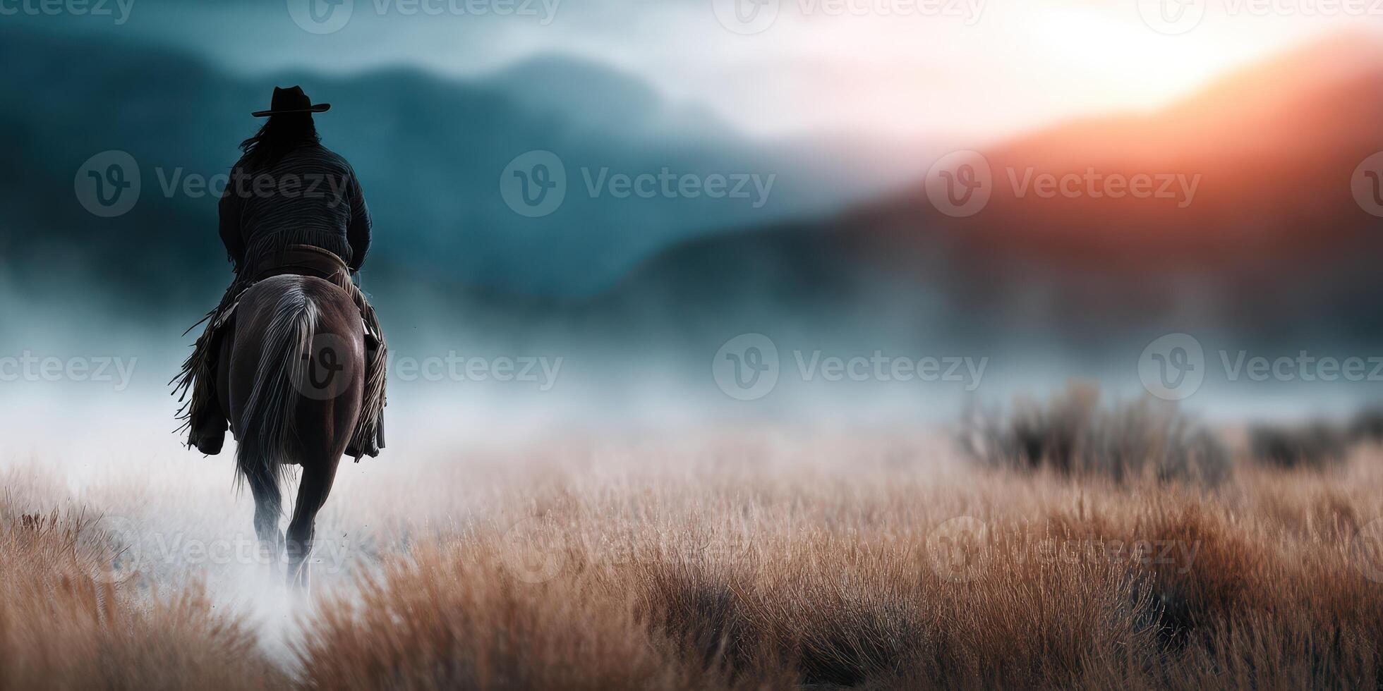 Cowboy riding a horse through foggy fields at dawn near mountains photo