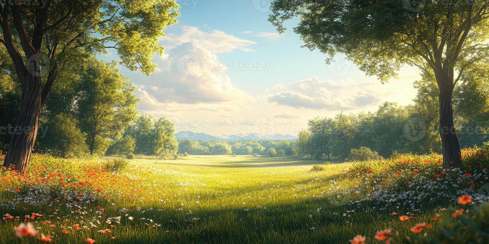 Nature landscape with vibrant flowers and green trees in a serene meadow under a blue sky with fluffy clouds during the day photo