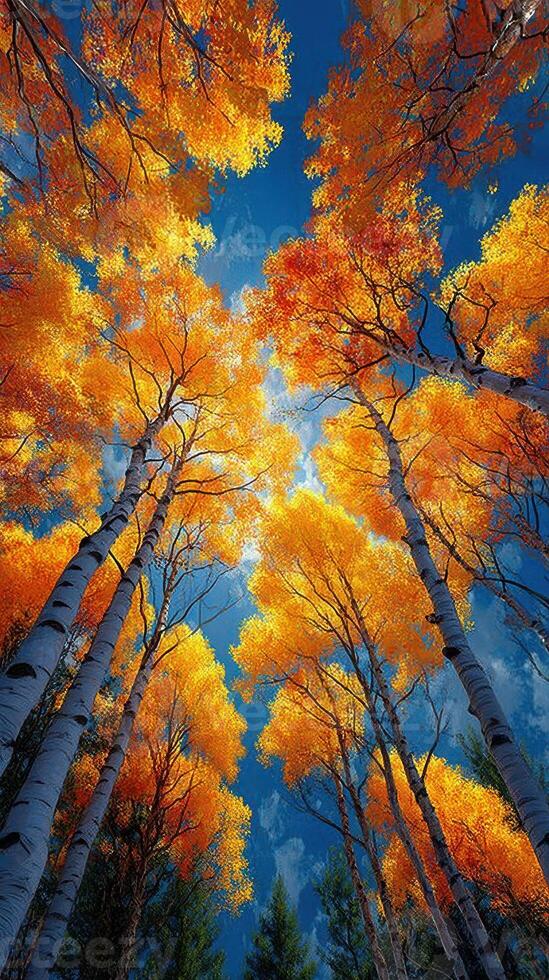 Vibrant autumn leaves create a stunning canopy in clear blue sky above tranquil forest photo