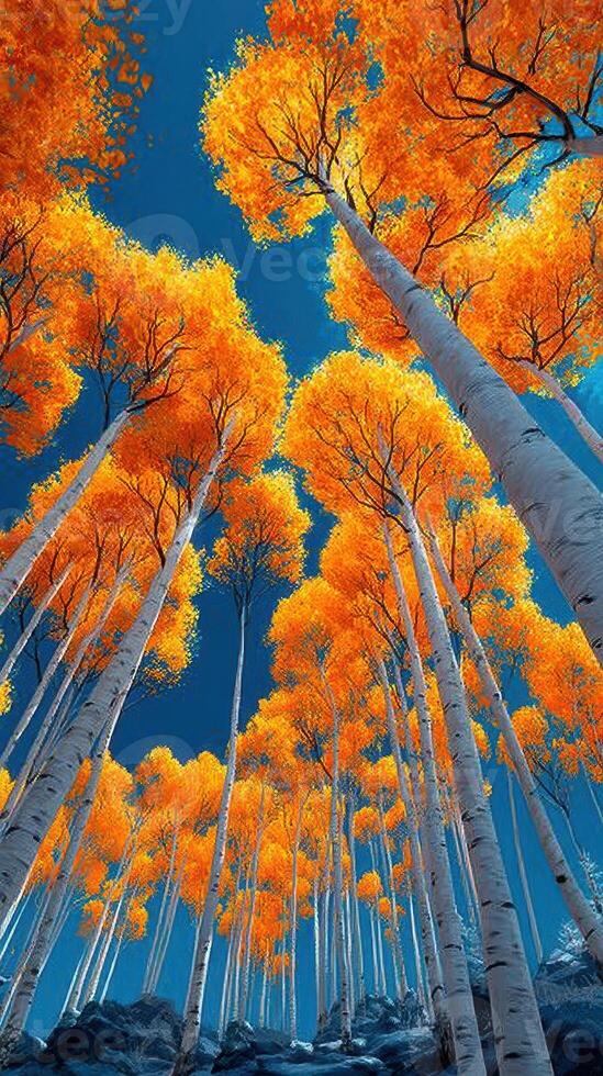 Vibrant fall colors in a forest of aspen trees under a clear blue sky during autumn season photo