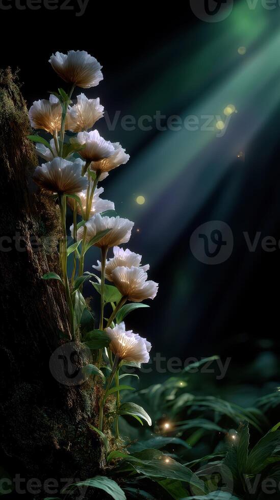 Flowers bloom in a dark forest illuminated by soft rays during twilight hours creating a magical atmosphere photo