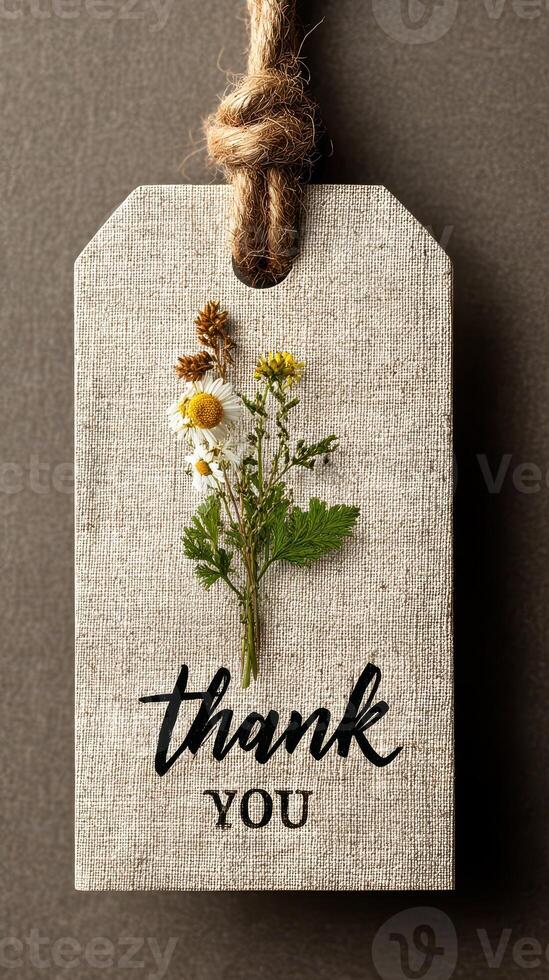 Natural thank you tag features flower arrangement on rustic background with twine photo