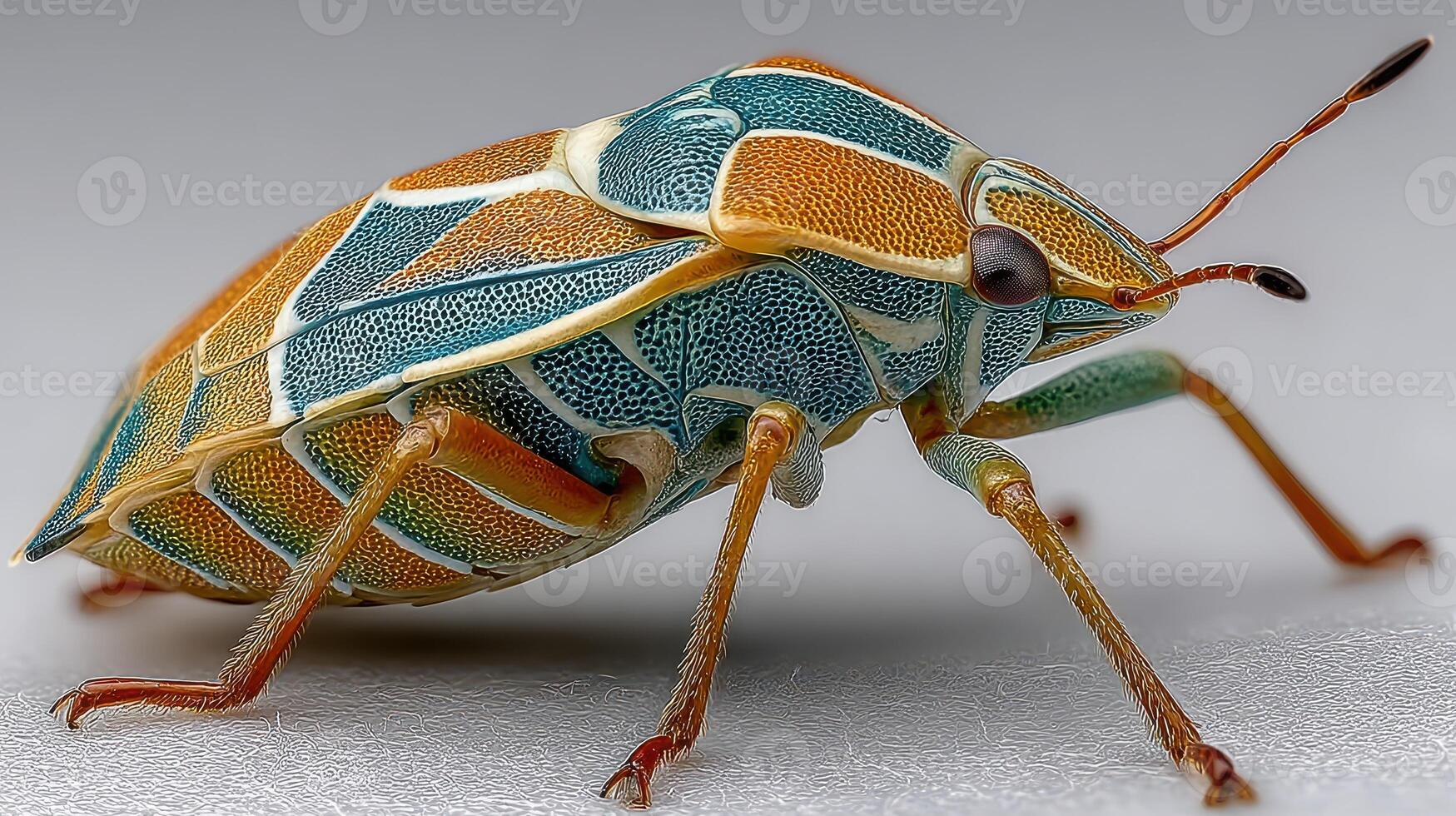 Colorful insect perched on a surface showcasing detailed patterns in broad daylight photo
