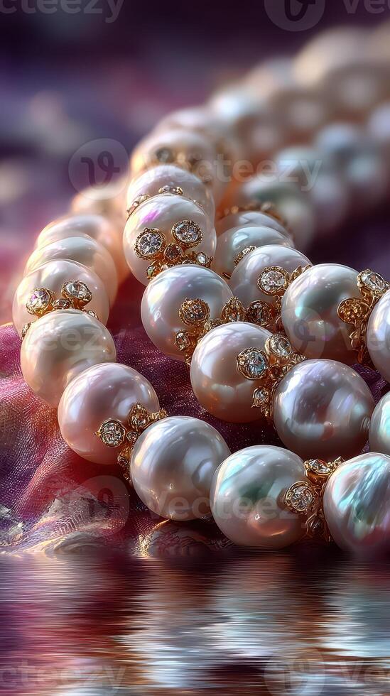 Exquisite pearl necklace adorned with sparkling gems resting elegantly on a soft fabric background photo