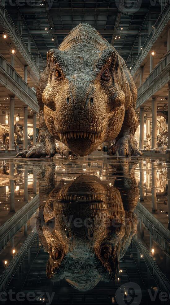 Giant dinosaur sculpture in a museum capturing attention from all angles during a busy afternoon photo