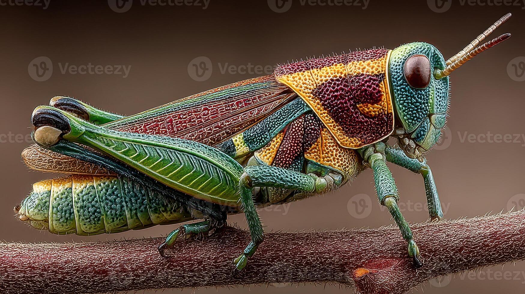 Colorful grasshopper resting on a branch in a natural setting during daylight hours photo