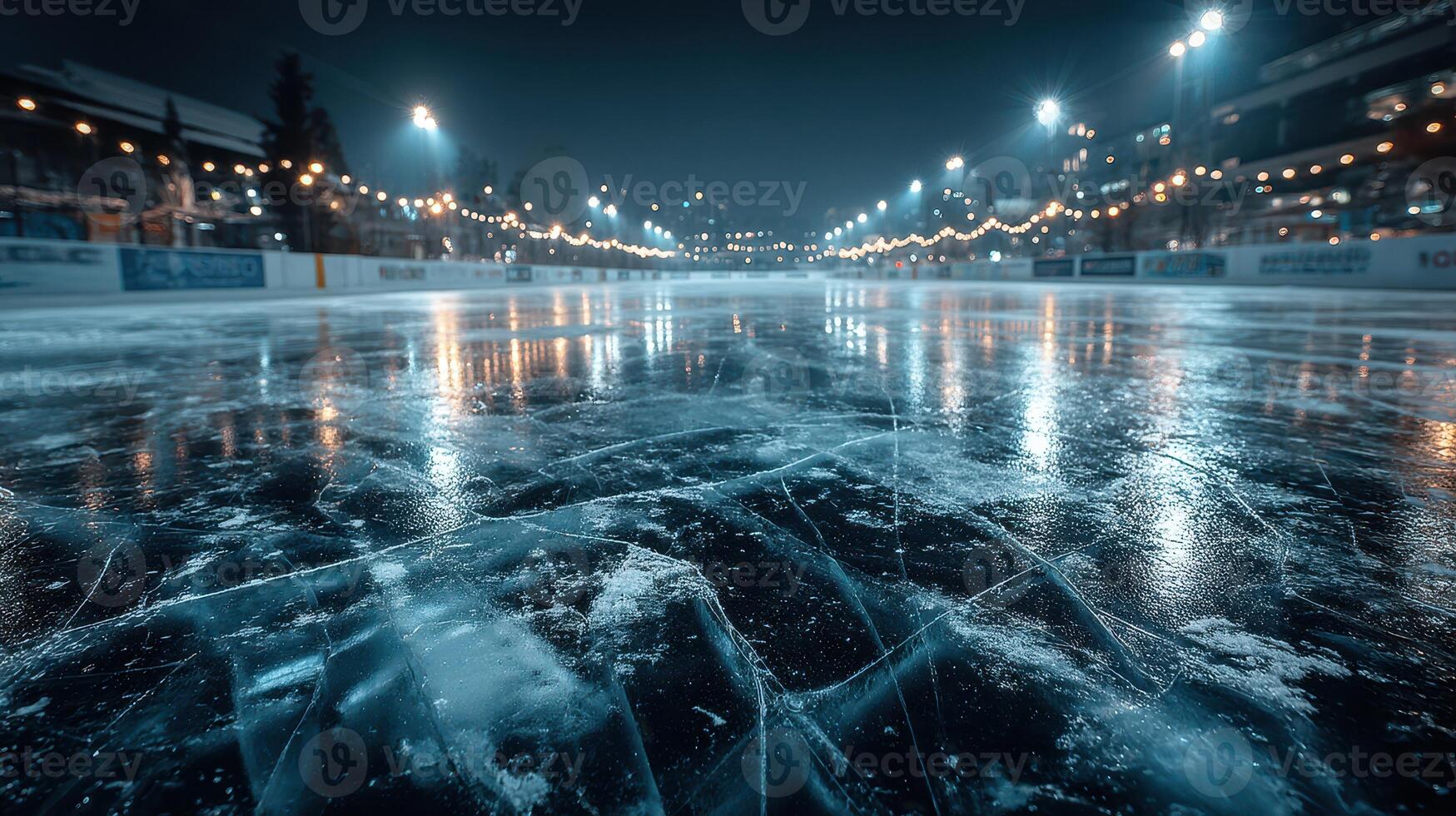 Stunning view of an outdoor ice rink illuminated by lights during a cool evening photo