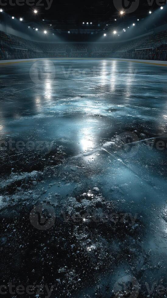 Ice rink at night with reflections and muted lighting creating an atmospheric setting for ice skating events photo