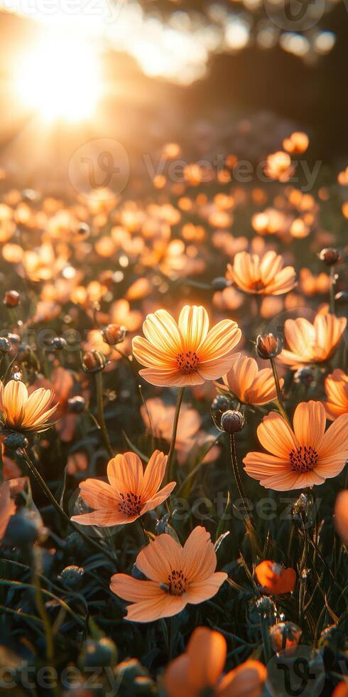 Beautiful orange flowers illuminated by golden sunlight during a serene evening in a lush garden photo