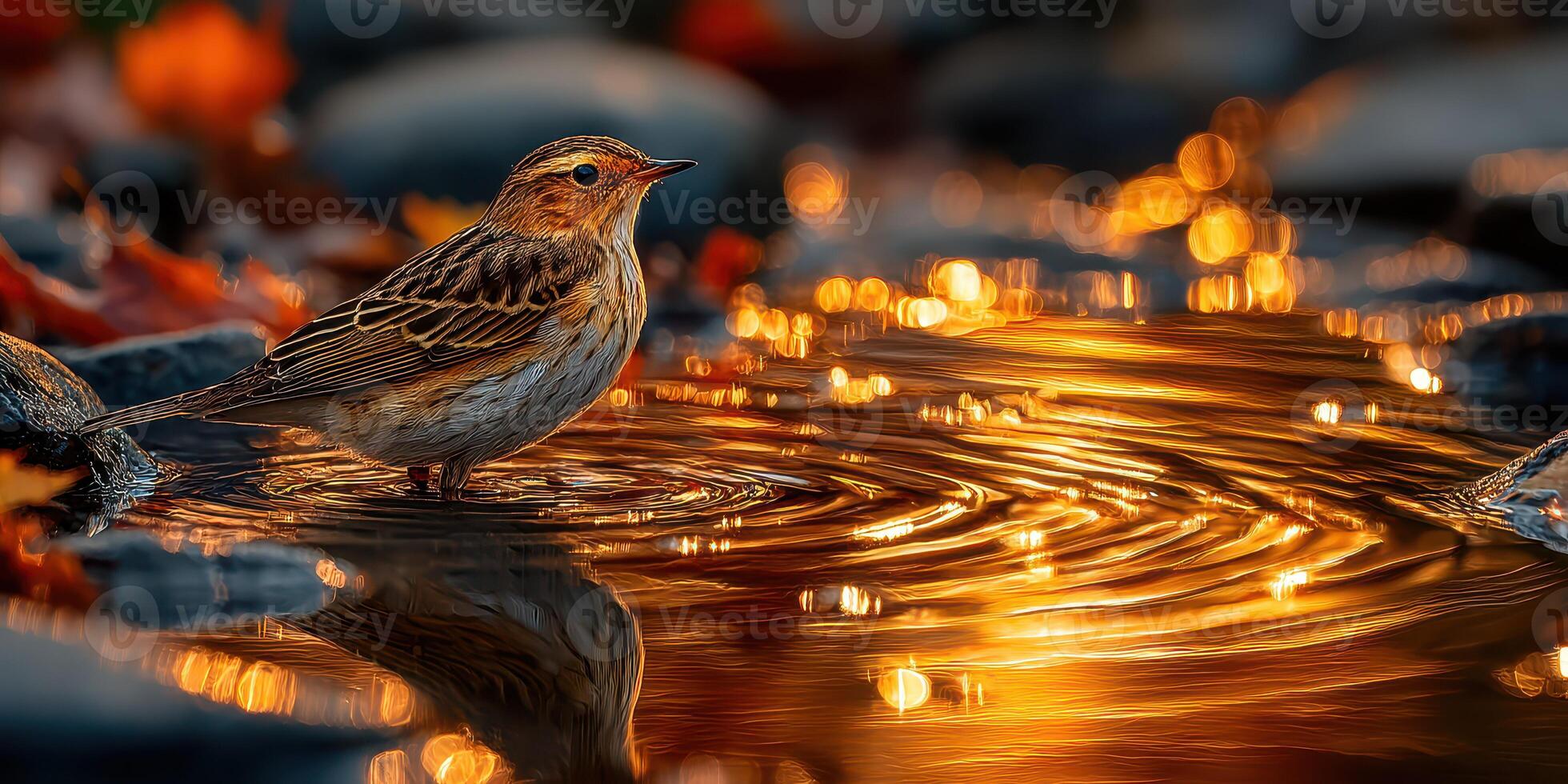 Bird wades through shimmering water on a rocky riverbank during sunset in autumn, capturing the tranquil beauty of nature photo