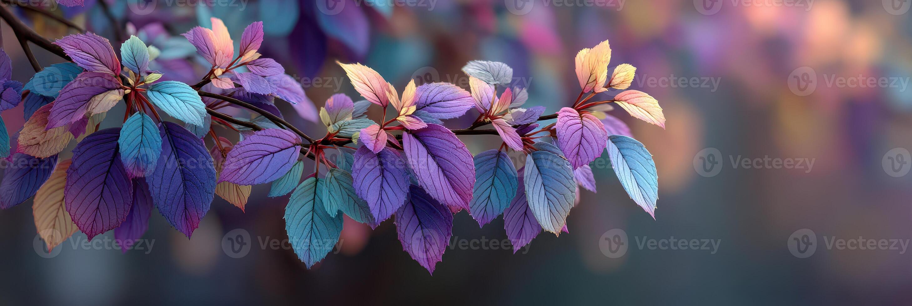 Colorful leaves display vibrant hues in a serene forest setting during autumn twilight photo