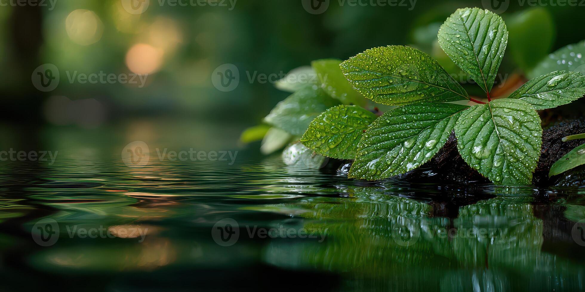 Shimmering leaves with droplets reflected in calm water outdoors during a serene afternoon photo